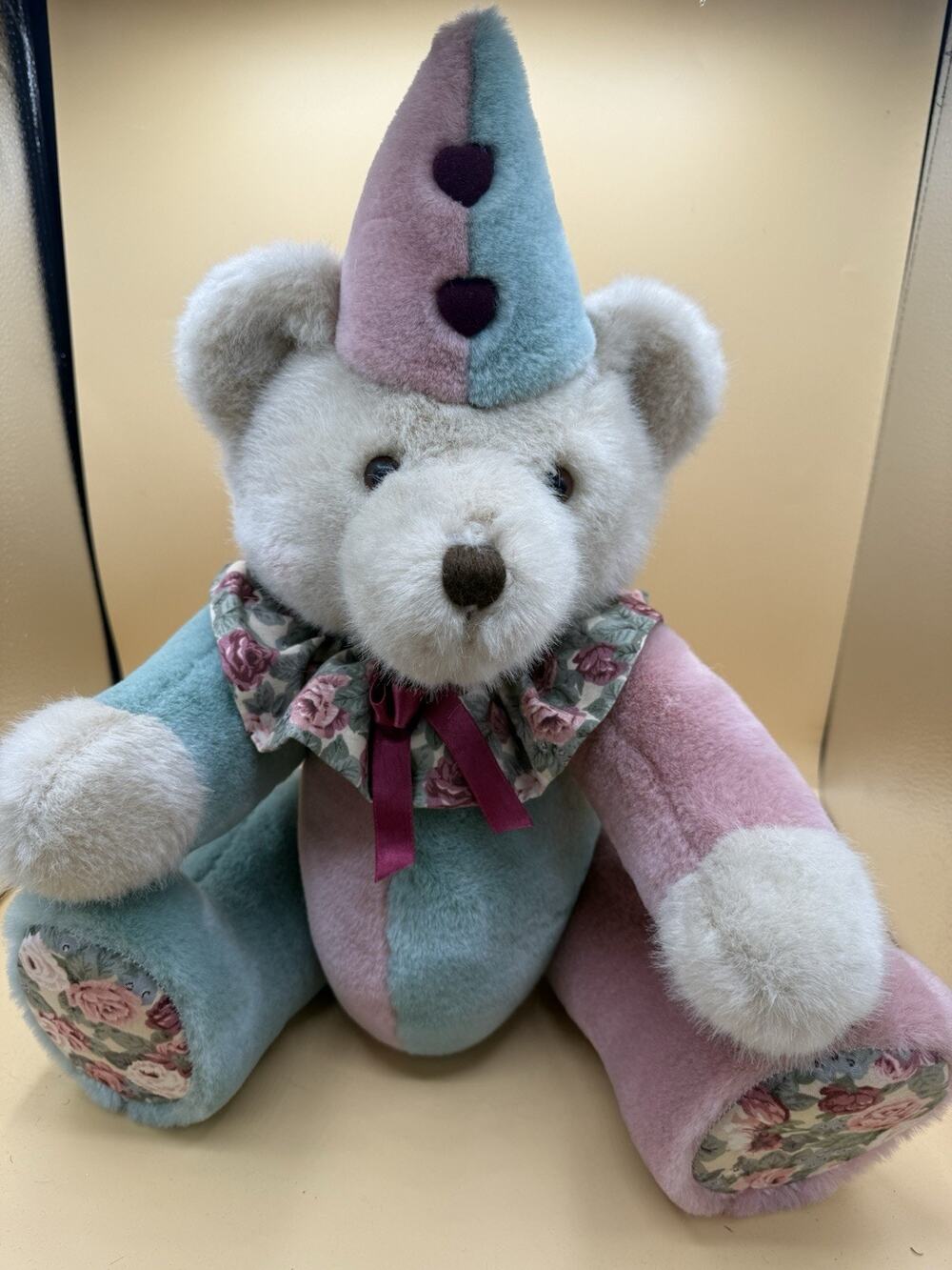 Vintage 1991 Dakin Pastel Clown Teddy Bear Pink Blue Floral Plush 16” Stuffed